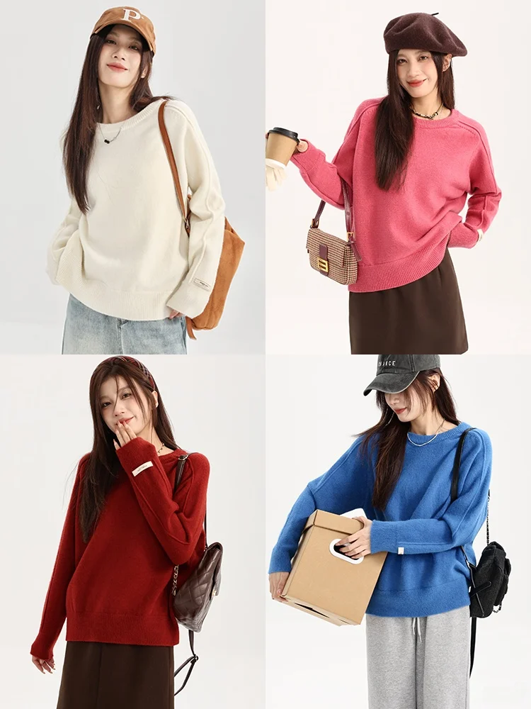 

Pure Color round Ne Long Sve Loose Fitting Sweater Overhead Simple Design Winter Warm Knitted Women's Faion Top