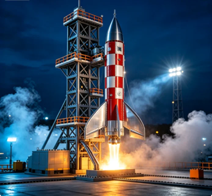 2026  NEW HOT Creative Store- MOC Red White Striped Space Rocket Model  DIY Assembly Gifts for Adults Collection Desktop