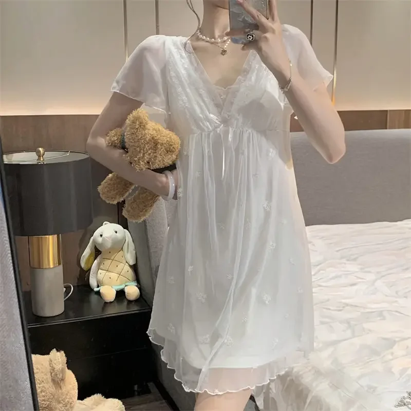 Lace Sexy Nightwear Women Sweet Princess Style Night Dress Women Embroidered Mesh Sleepwear Korean Fashion V Neck Home Nightgown