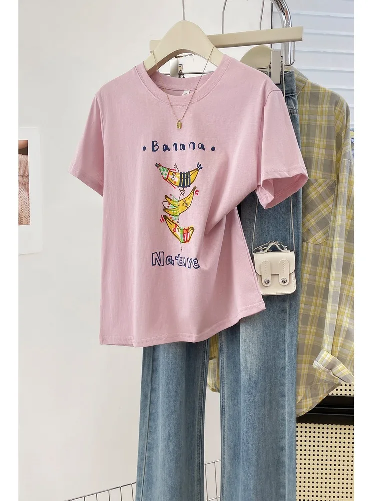 Fun Banana Print Anti-Aging round Neck Short Sleeve T-Shirt Women Summer Thin Snowflake Cotton Soft Skin-friendly Shoulder Le...