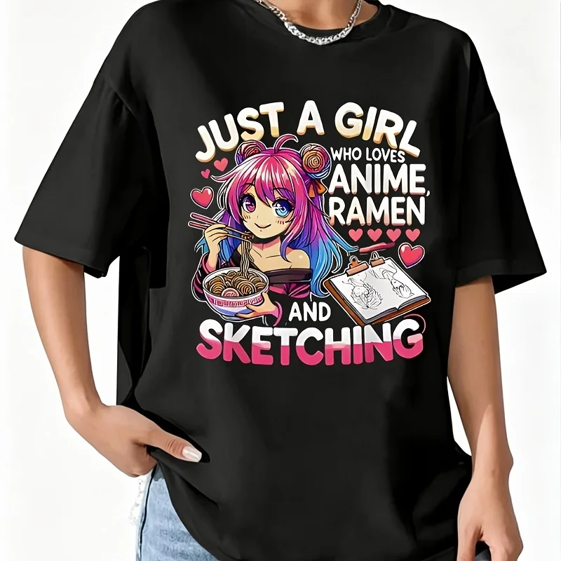 Just a Girl Who Loves Anime Ramen and Sketching, Women's 100% Cotton T-Shirt Fun Print Short Sleeve Top Casual Round Neck Tee S-5Xl