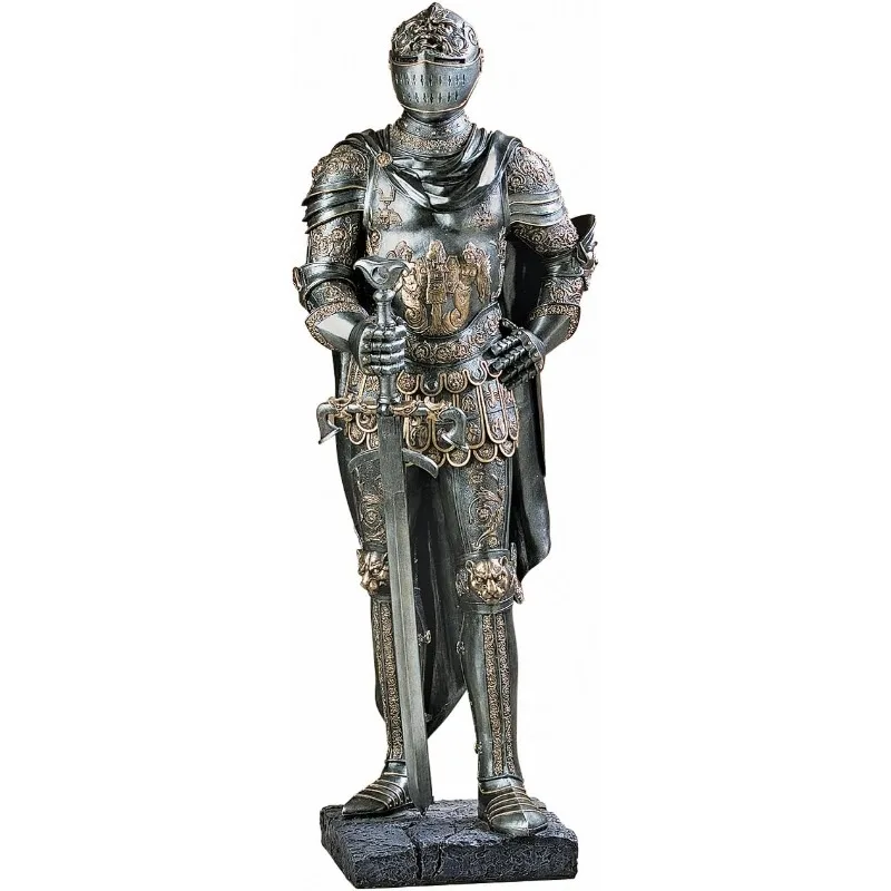 King's Guard Medieval Decor Half Scale Knight Armor Gothic Statue 39 Inch Cast Stone Resin Metallic Finish with Faux Stone Base