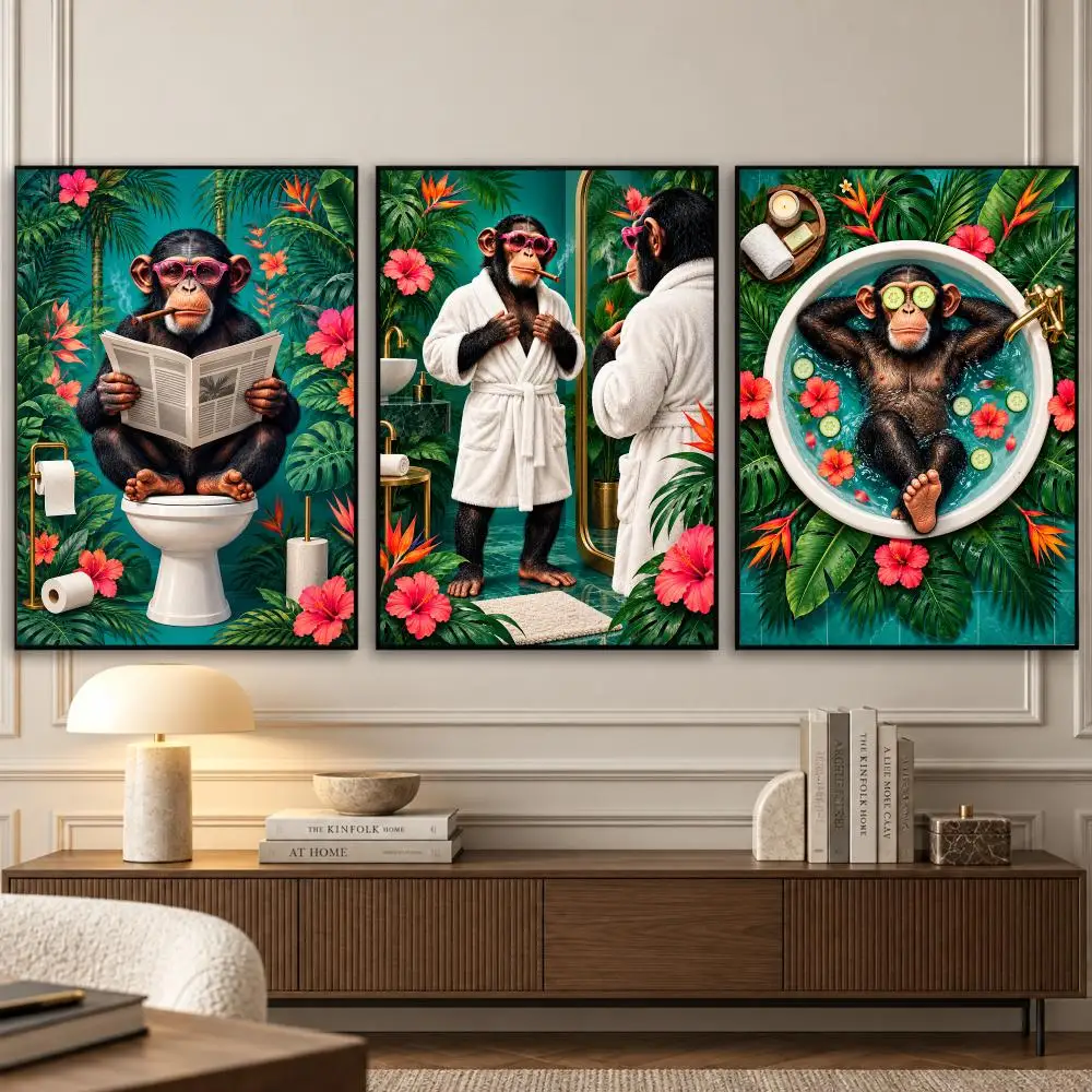 Funny Jungle Monkey Bathroom Art Painting Calligraphy 3 PCS Vintage Fashion Canvas Wall Art Prints for Living Room Decor