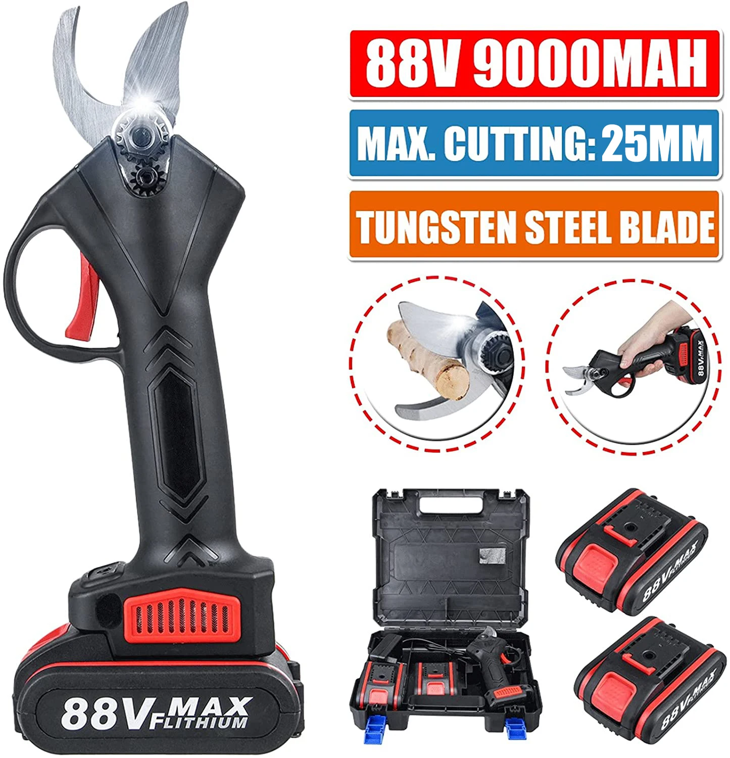 

88V Electric Pruning Shears Professional Cordless Pruner 25Mm Max Cutting Diameter with 2 Li-Ion Battery Cutter Garden Tool