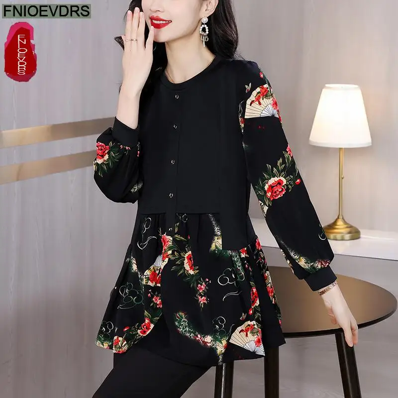 Loose Clothes Women 2024 Autumn Winter Elegant Office Lady Button Shirts Casual Retro Vintage Flower Tunic Peplum Tops Blouses