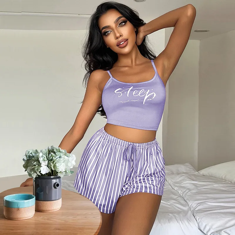 Summer New Arrival Sling Pajamas Women's Drawstring Shorts Suit Letters Striped Printed Women's Home Ropa Para Mujer