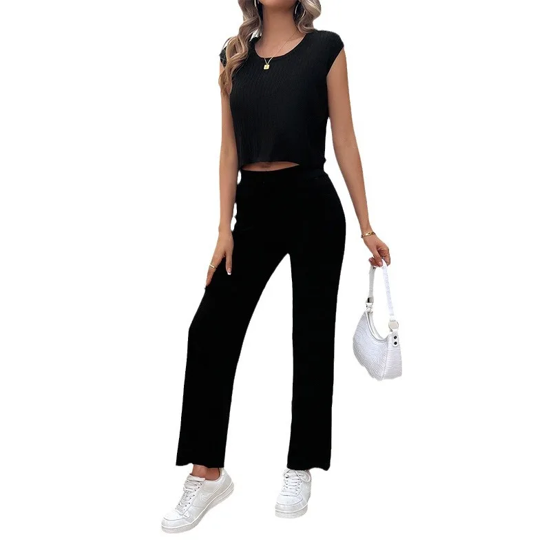 2025 Spring and Summer Women's Round Neck Temperament Slim Vest Top Sweater Pants Set Ensemble Femme 2 Pièces Été