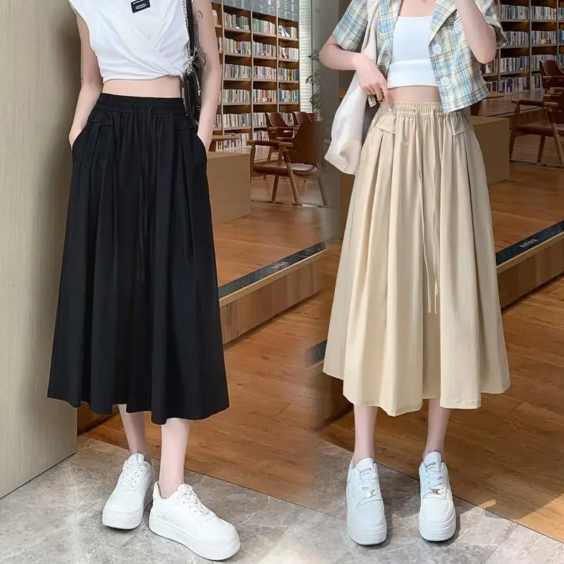 

Широкие брюки из ледяного шелка, юбка, женские летние тонкие новые грушевидные брюки с высокой талией, тонкие драпированные свободные брюки, повседневные брюки из полиэфирного волокна