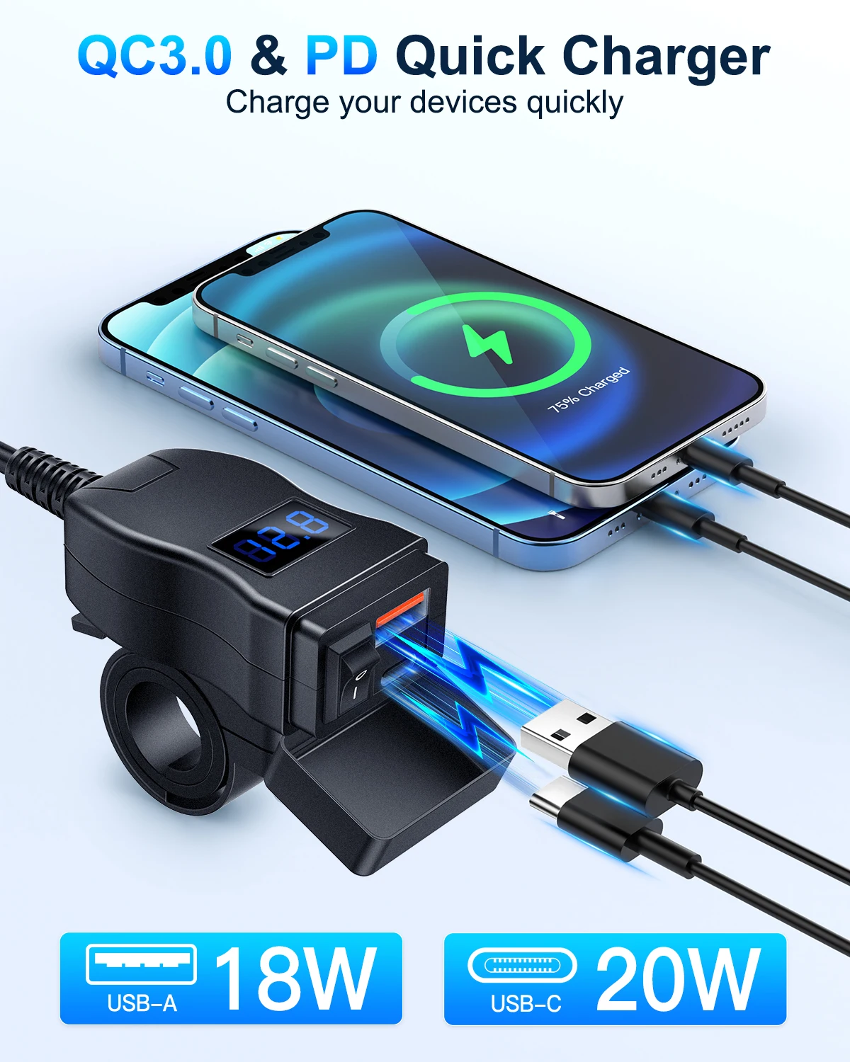 Extractme Motorcycle Charger Dual USB QC3.0 Fast Charger Power Adapter Socket with Switch Waterproof Digital Voltmeter