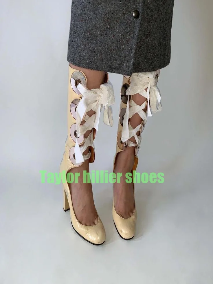

Lady Yellow Chunky Heel Lace-Up Knee Boots Cut-Out Hollow Satin Pu Elegant Footwear Cover Heel Knee Boots Ballet Calf Boots 46