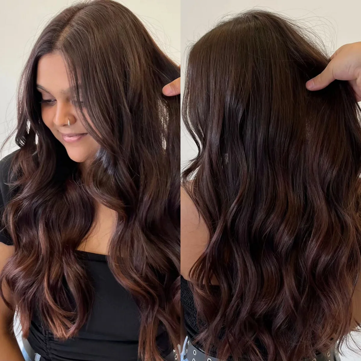 

Модный женский парик Ombre Темно-красный Коричневый 13*4 HD Невидимый синтетический парик спереди Длинная объемная волна Бесклеевой готовый к ношению