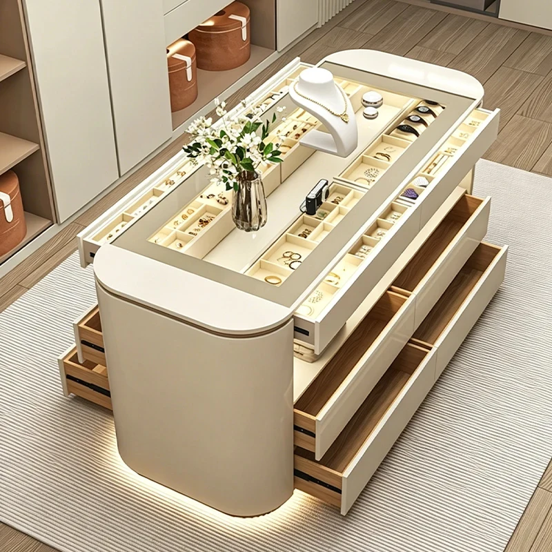 custom.Custom Size Modern Design Luxury LED Jewelry Display Island with Glass Top Freestanding Walk-in Closet Storage - view 4
