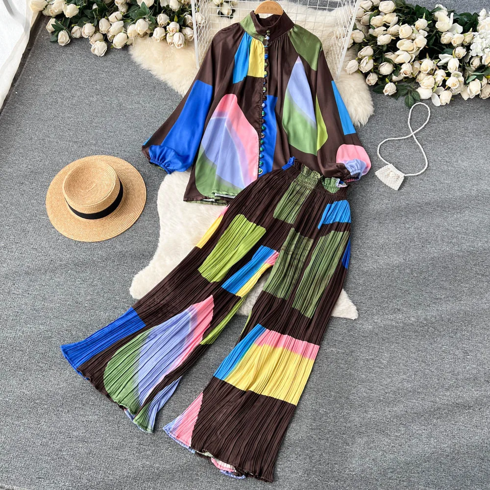 New Autumn Printing Loungewear Women Set Lantern Sleeve Half High Neck Loose Shirt+Wide Leg Pleated Pants Two Piece Pajama Sets