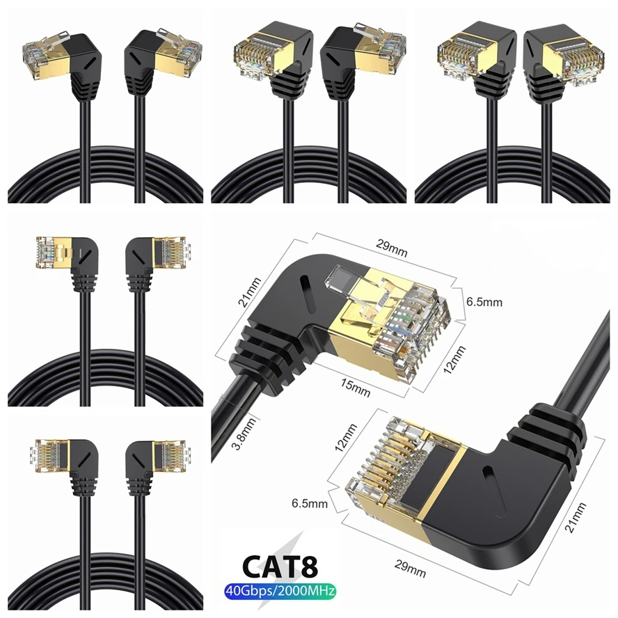 Cat8 kabel Ethernet SFTP 40Gbps 2000MHz Cat 8 RJ45 sieć Lan 90 stopni w górę w dół lewego prawego kąt do internetu RJ45 Superfine Cable