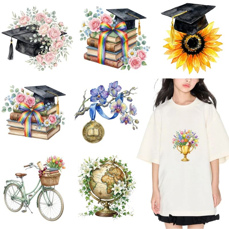 2PCS Floral Graduation Cap Books   Sunflower Hat Ribbon Medal   Bicycle Basket Flowers Globe   T Shirt Bouquet Vase iron on
