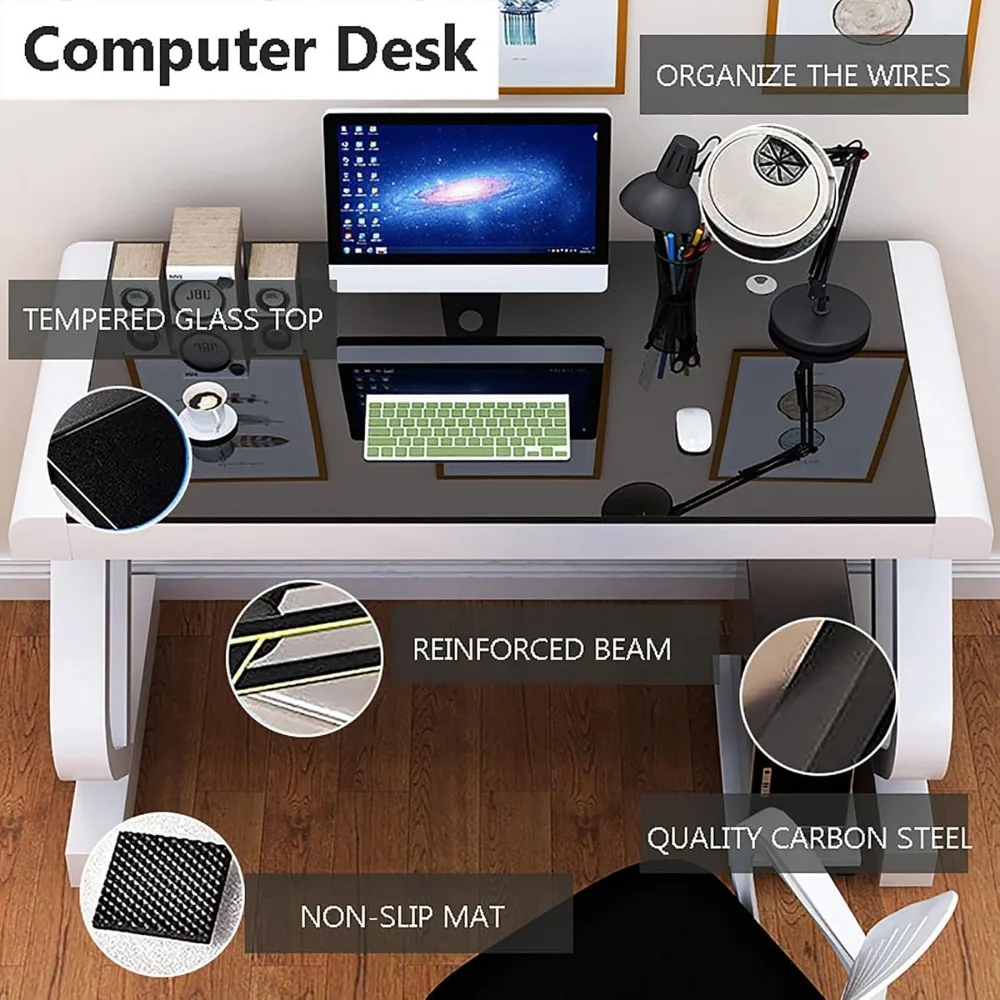 مكتب كمبيوتر من الزجاج المقسى، مكتب مكتب حديث مع سطح زجاجي وإطار معدني على شكل Z، مكتب كتابة قوي، مكتب دراسة، ألعاب #3