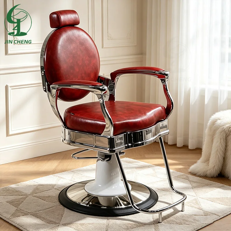 Jincheng High-quality Red Salon Barber Shop Equipment Antique Haircut Chair Retro Shaving Chair Men's Barber Chair