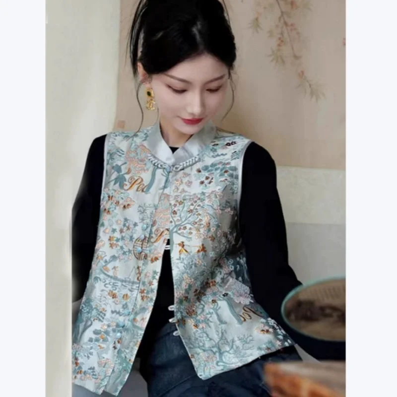 2025 New Chinese Style Women's Embroidered Patchwork Vest Cheongsam Collar Buckle Lady Versatile Sleeveless Jacquard Vest Coat