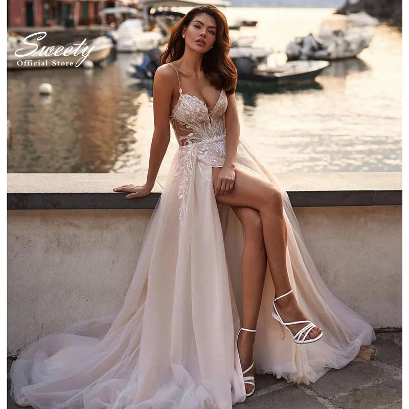 Sexy Wedding Dress Slit A Line Organza With Embroidery Ball Gown V-Neck Backless Sleeveless Bridal Vestido De Novia Customized