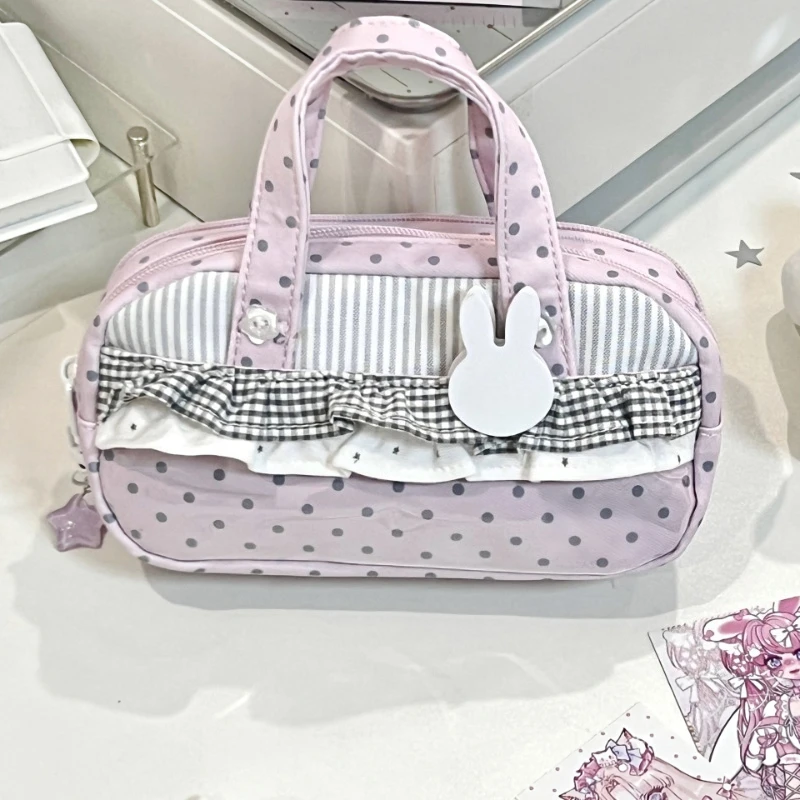 INS Korean Pink Polka Dot Grid Pencil Case with Handle Large Capacity Student Pen Bag Ins Multifunctional Stationery Organizer