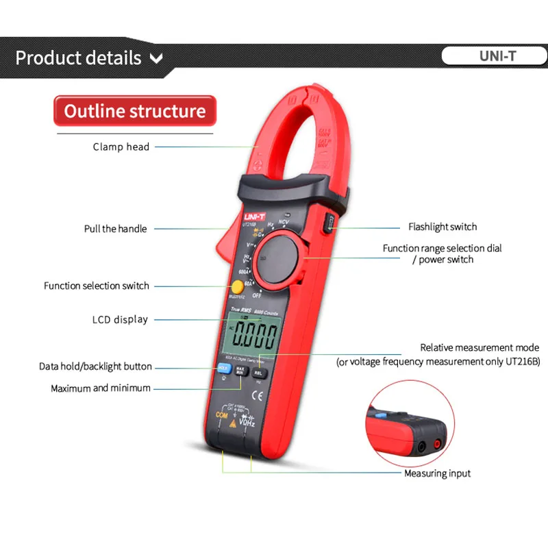 UNI-T UT216C 600A Digital Clamp Meter AC DC Strom Auto Range Multimeter NCV V.F.C Diode LCD Taschenlampe Temperatur Tester