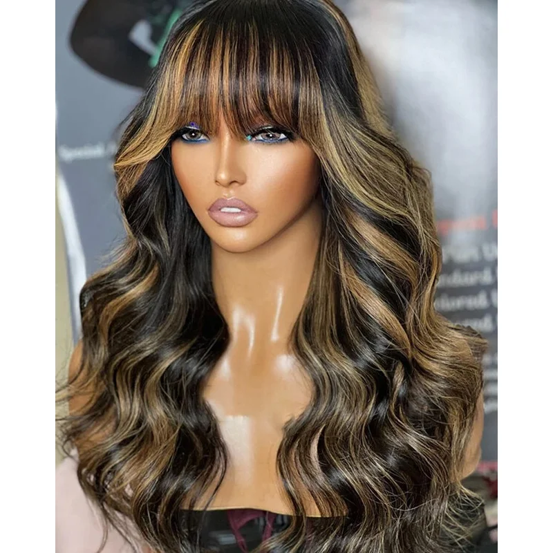 Black Blonde Highlight Wigs  Hair Lace Front Wigs With Bangs Glueless Wig