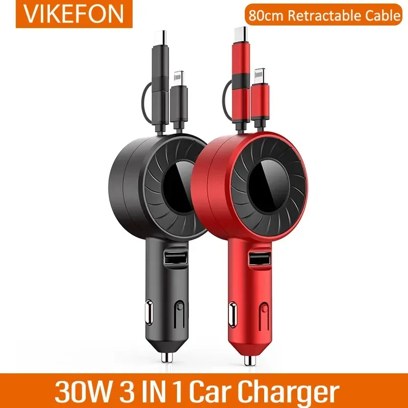 

3-in-1 Retractable Car Charger Small 30W 31.5 Inch Retractable Cable Car Phone Charger For iPhone 16 Samsung Super Fast Charging