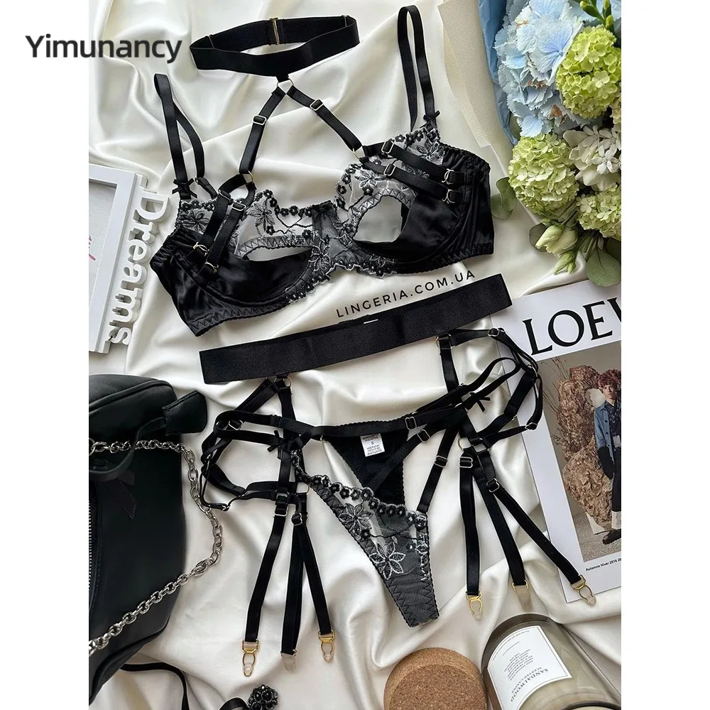 Yimunancy Embroidery Lingerie Set Women 4 Colors Halter Bra + Panty Underwear Set Garter Kit