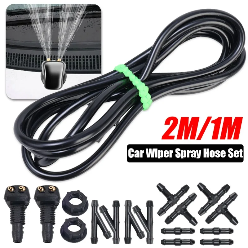 Car Wiper Spray Hose Set Auto Windshield Cleaning Wipers 2/1M Rubber Water Spray Hose I T Y Splitter Connector Adjustable Nozzle