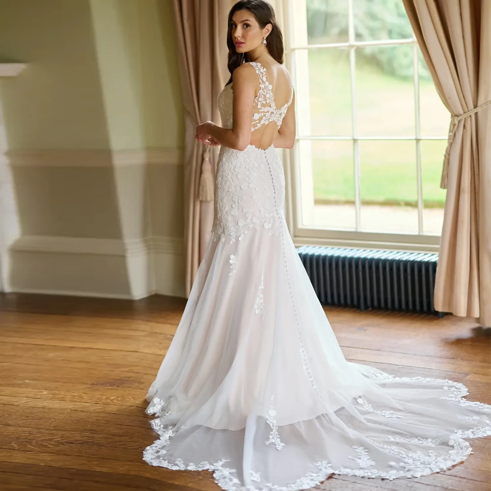 Свадебные платья с V-образным вырезом и широкими бретелями, свадебные платья с аппликацией, кружевные вечерние платья на пуговицах, тюль с цветочным принтом свадебное платье
