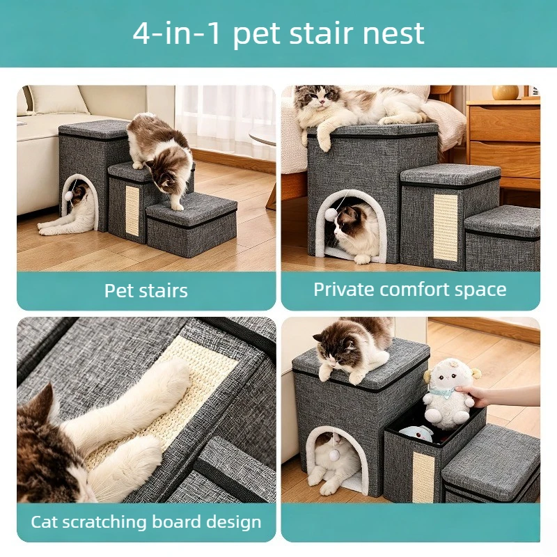 Foldable Pet Stairs Sofa Bedside Dog Ramp Indoor Puppy Older Dogs Stair Storage Box Sisal Scratch Pad Kitten Small Dogs Step