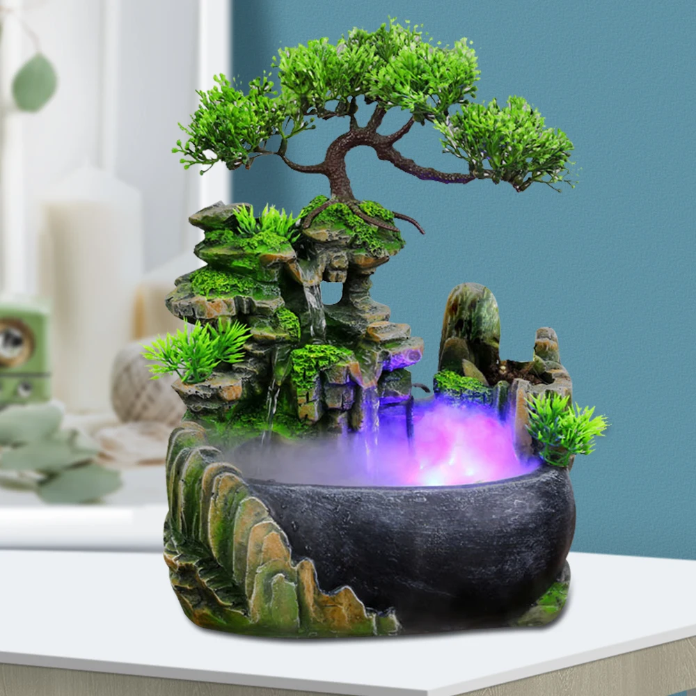 Tabletop Ornament Rockery Waterfall Atomizing Humidifier LED Light Desk Decor Bonsai Decoration Resin Figurines & Miniatures