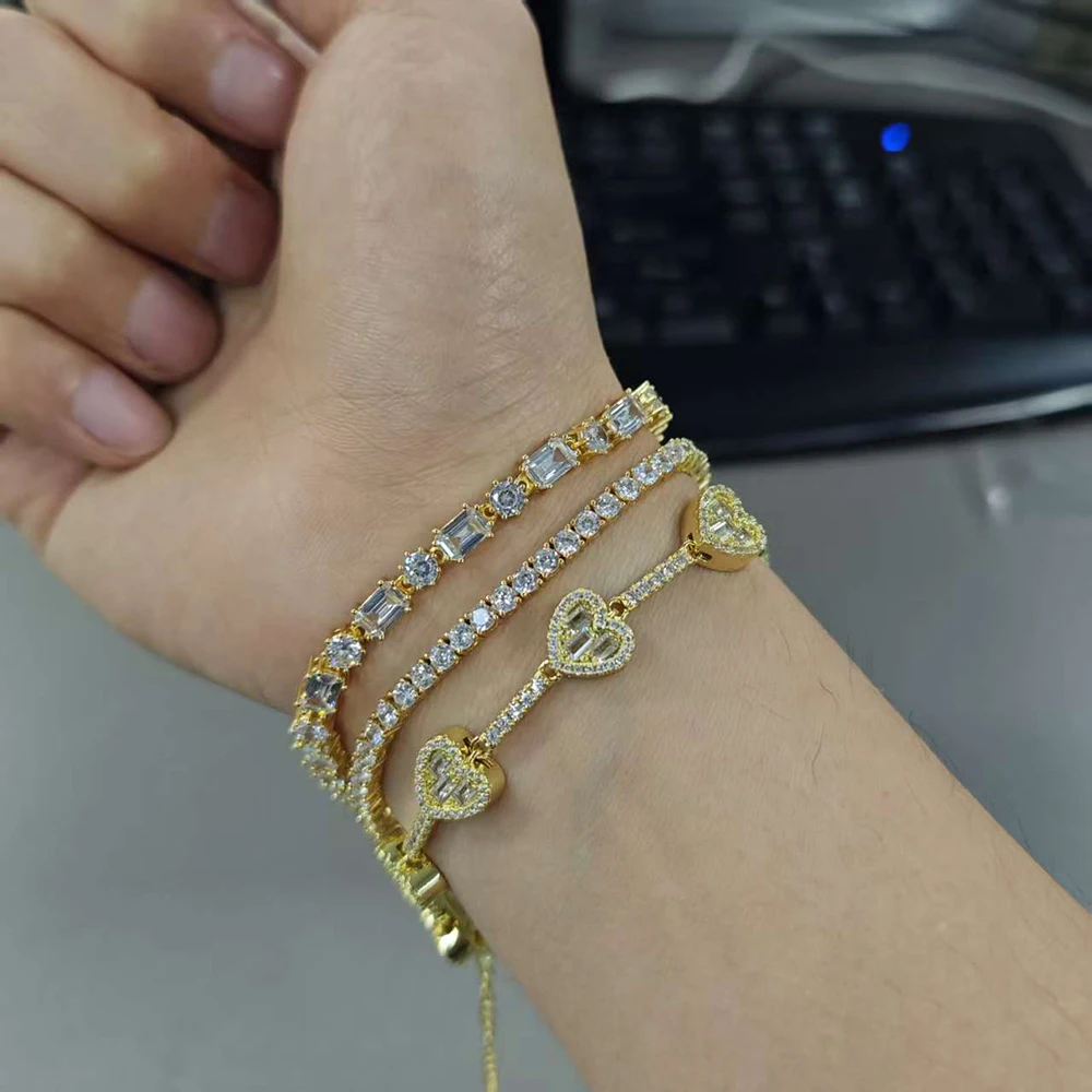 UWIN Heart Tennis Bracelets Set for Women Iced Out Gold/Silver Color Cubic Zirconia Chain Bracelets Hip Hop Jewelry for Rappers