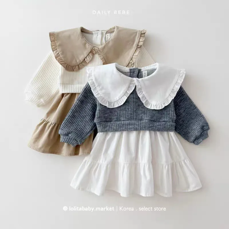 New Girls' Lapel Dress Korean Version Children's Clothing 2026 Autumn Version Girls' Color Blocked Princess Skirt