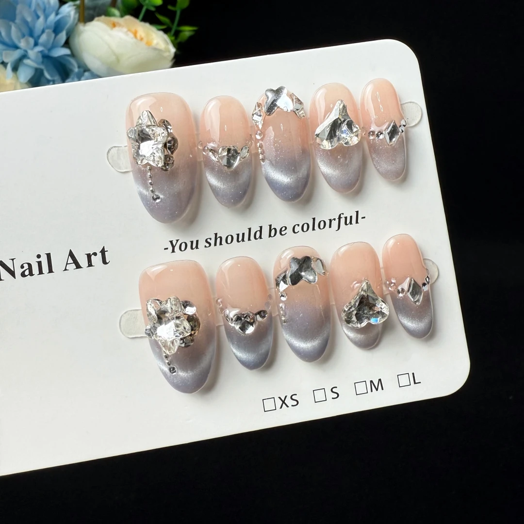 10 قطع من الأظافر الفاخرة والراقية الخفيفة، أظافر فرنسية مصنوعة يدويًا على شكل عين القطة الماسية ثلاثية الأبعاد #3