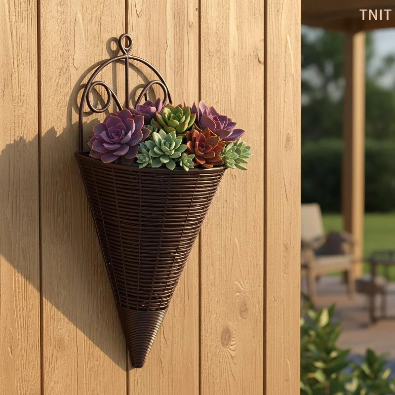 [J] Brown Wall Hanging Cone Planters Imitation Rattan Weave Vintage Design For Indoor Outdoor Floral Decor