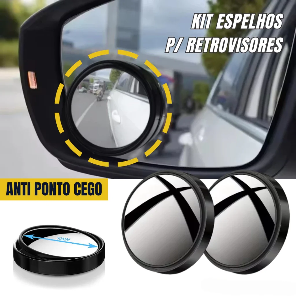 Kit 2 Espelhos Auxiliar para Retrovisor Anti Pontos Cegos Espelho Convexo Ajustável Olho de Boi