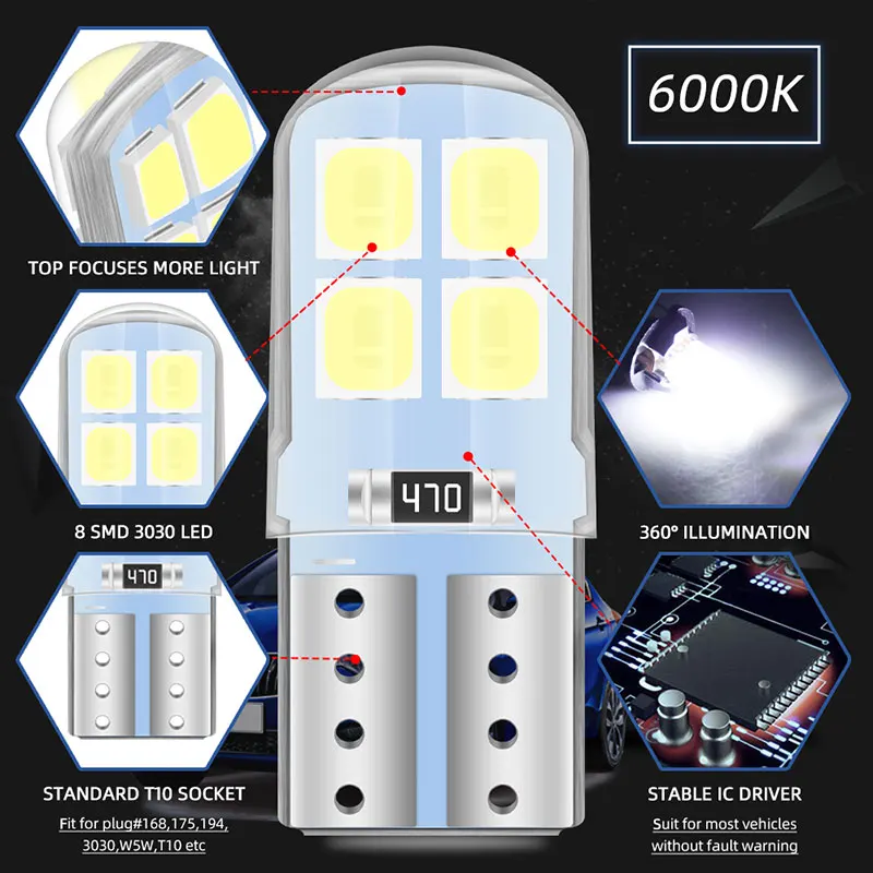 10 sztuk W5W T10 LED żarówki Canbus 3030 8SMD 6000K 168 194 Led wnętrza samochodu lampa kopułowa do czytania boczny klin lampka tablicy rejestracyjnej 12V czerwony