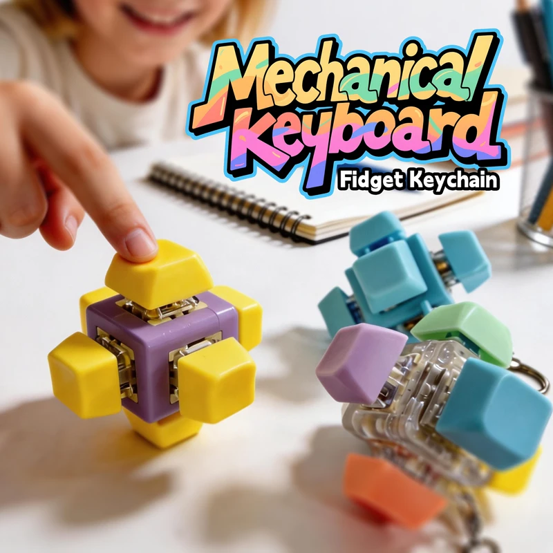 Mechanical Keyboard Fidget Keychain 3D Keycap Clicker Stress Relief Toy Portable Pendant for Adults Novelty Gift for Office