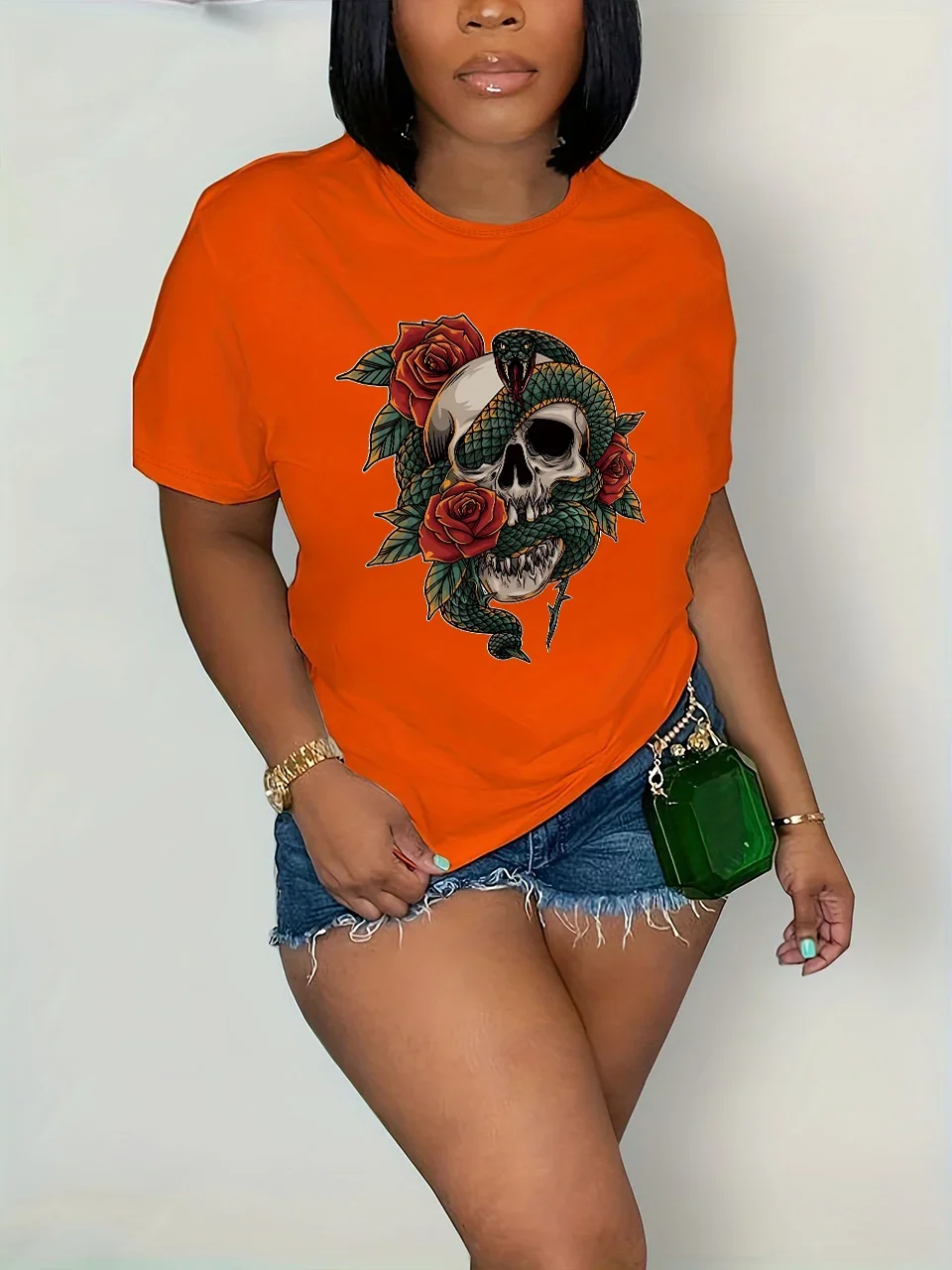 Vrouwen Plus Size Kleding Zomer Casual Korte mouwen 8 Kleuren O-hals T-shirt Gedrukt Grafische Skull Eye Snake Plus Size T-shirt