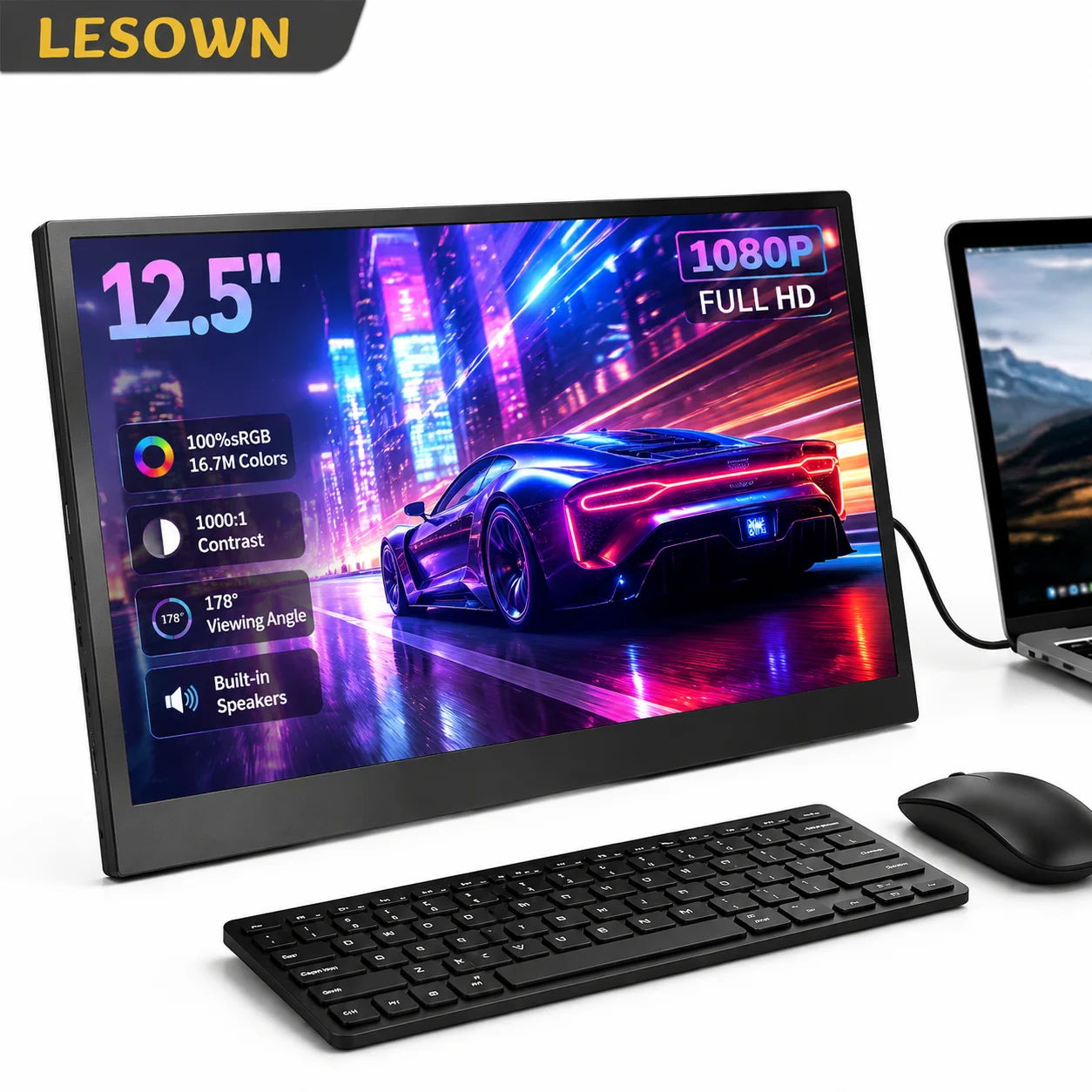 LESOWN Gaming PC Case Internal HUD Monitor 12.5 Inch 2K High Resolution Display Panel for Realtime CPU GPU Temperature Sensor