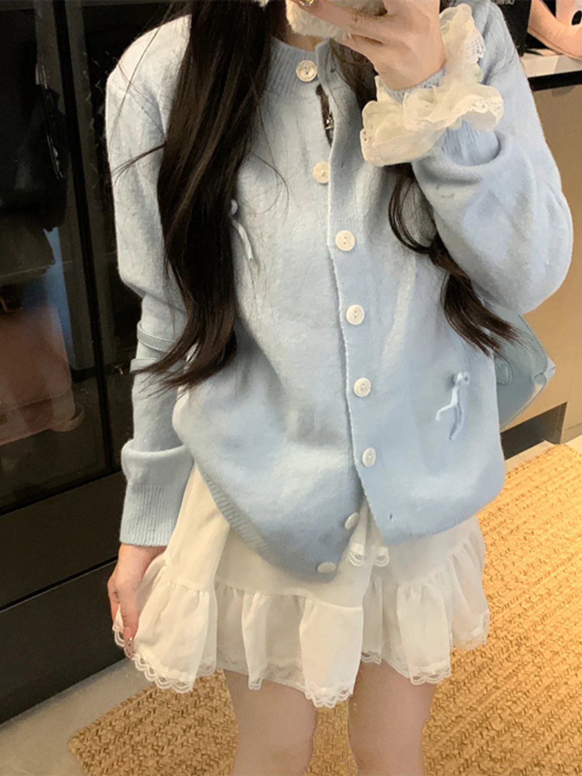 

Blue Knot Long Sleeve Knitted Sweater Women's plus Size Autumn New Style Slimming Versatile Design Open Cardigan Top