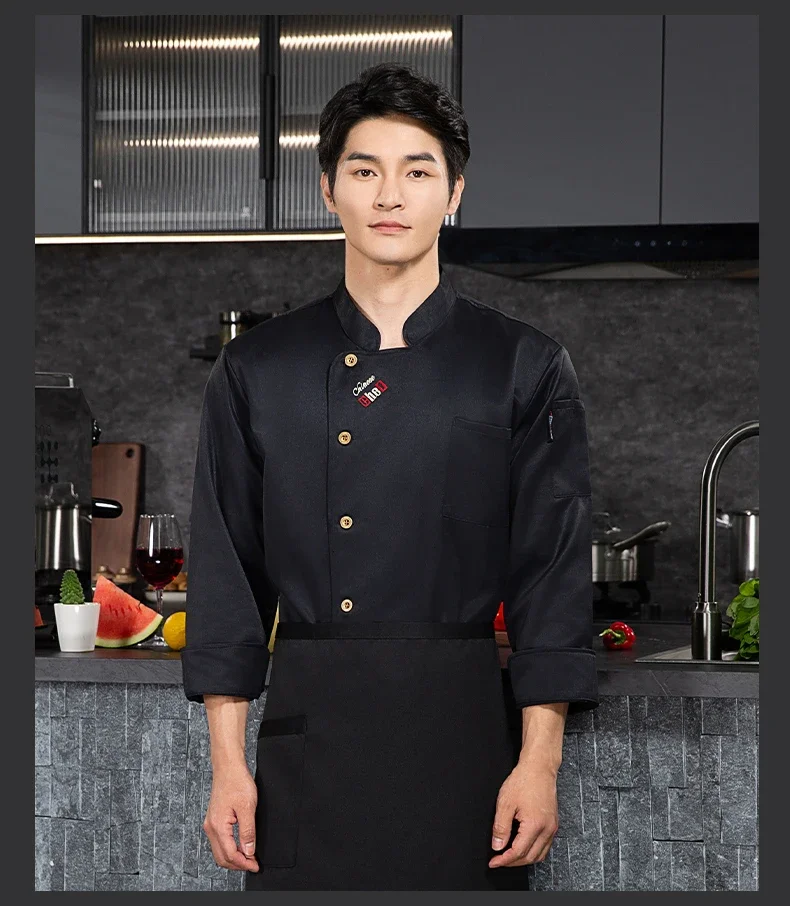 Grijze chef-kok jas met lange mouwen ademende chef-kok jas restaurant keuken zwarte mannen chef-kok uniform schort werkkleding vrouwen logo