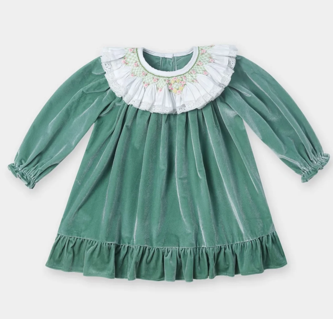 Autumn Winter Green Velvet Baby Girl Dress Floral Hand Smocked Embroidery Long Sleeve Princess Dress for Christmas Party A341