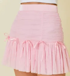 GuliriFei Women Short Skirts Solid Color Lace Patchwork Frill Trim A-Line Hem Mini Skirts