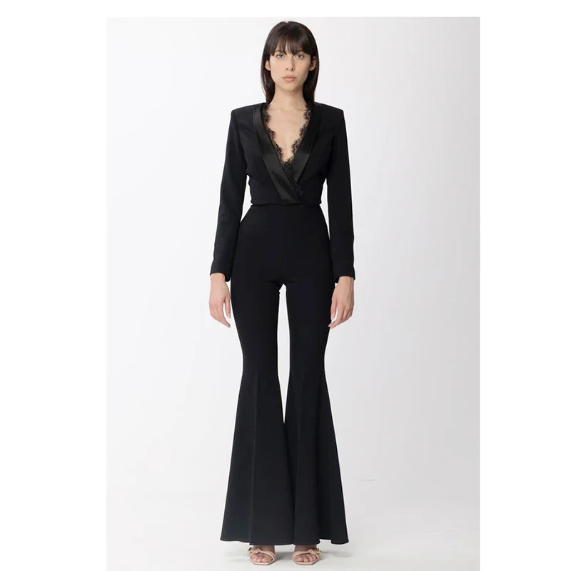 

Ele Bla Long Sve Jumpsuit Evening Gown for Women High Waist Cotton Blend Fabric Commute Sle Lace Patchwork