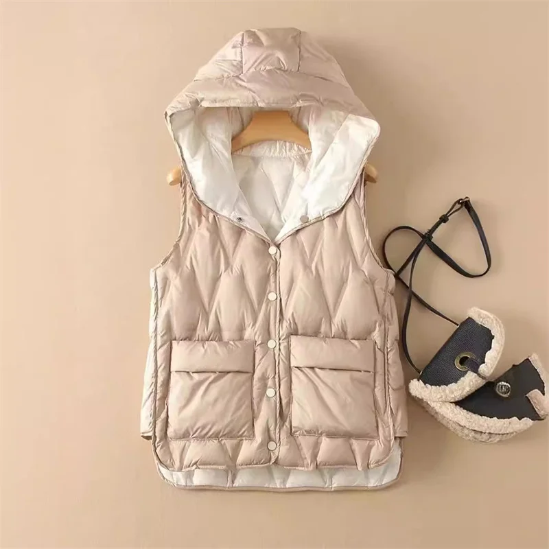 Autumn Winter Light Thin White Duck Down Vest Coat Women Warm Down Waistcoat Jakcet Ladies Loose Bigsize Sleeveless Hooded Tank