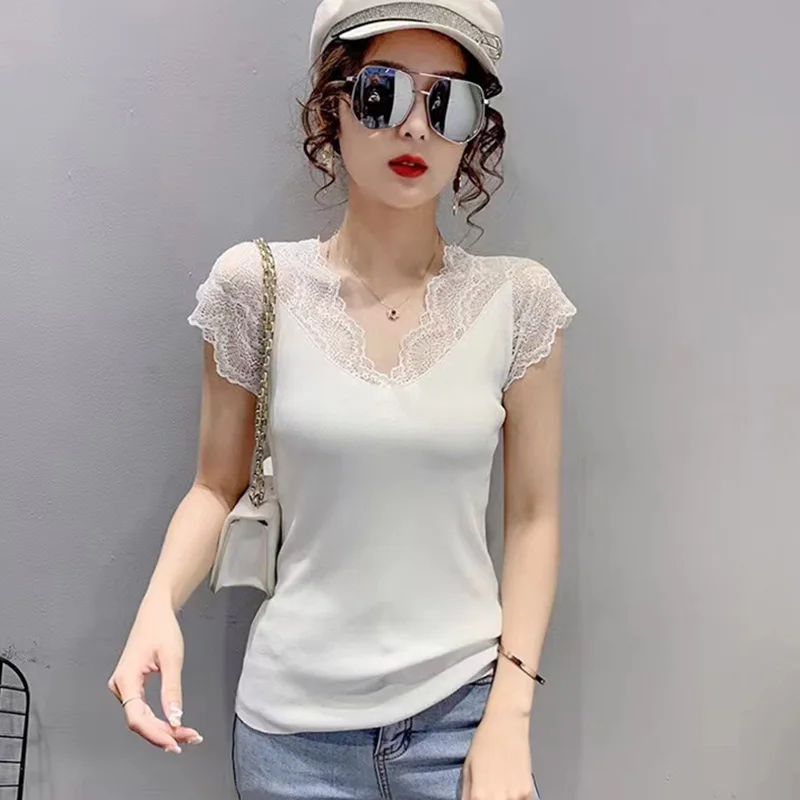 Sexy Lace Patchwork V-neck Tank Top 2023 Summer Women Casual Short Sleeve White Vest Y2k Fashion All-match Backless Bustier Tops