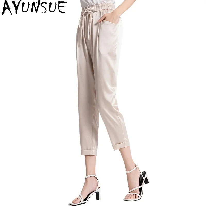 AYUNSUE 95% Mulberry Silk Pants for Women Old Money Style Trousers Womens Office Wear Harem Pants Summer Womans Clothing 바지 2024