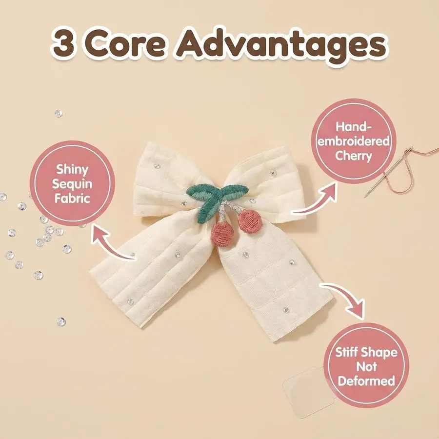 1/5/10/20/50/100pcs Cherry Bows, Embroidered Rhinestone Bows, Fabric Clothing Additions Bow Decorations Hair Accessory Embellish